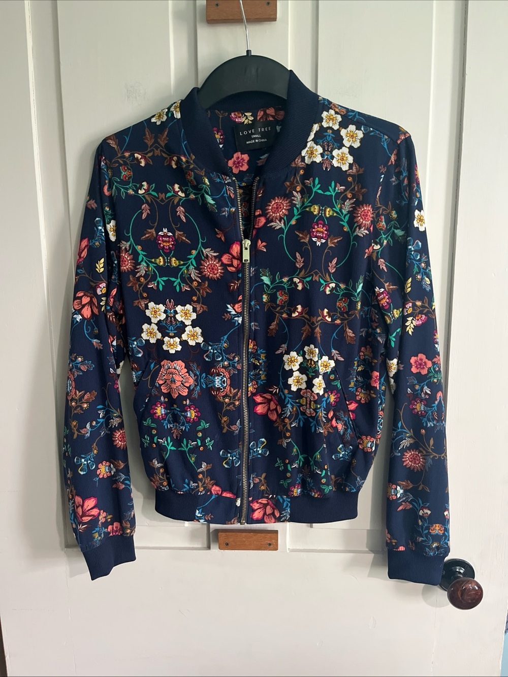 Love Tree Navy Floral Bomber Jacket with Multicolor Blooms